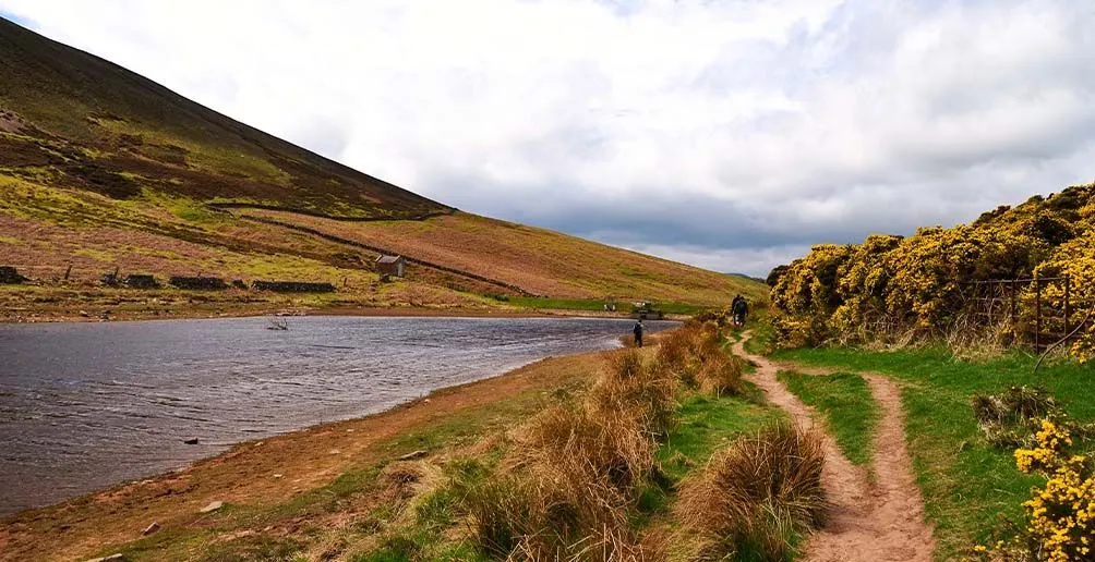 Stream at the foot of a mountain in Lowlands on a cloudy day